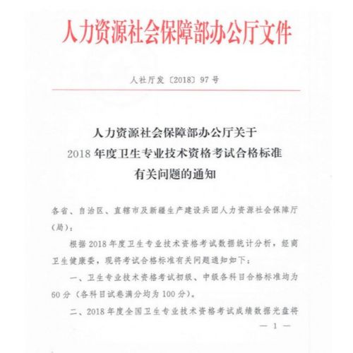 2018年度卫生专业技术资格考试分数线公布